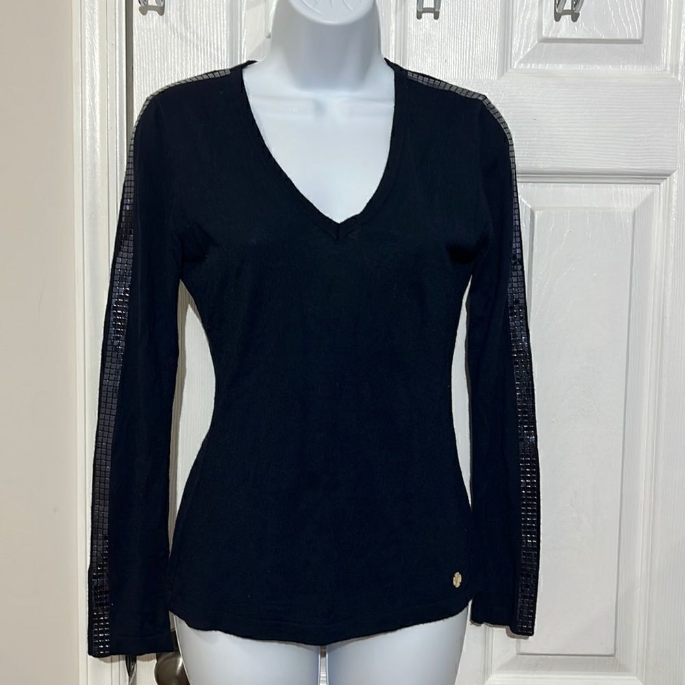 Versace Collection Sweater Womens Black Embellished V-Neck Long Sleeve L